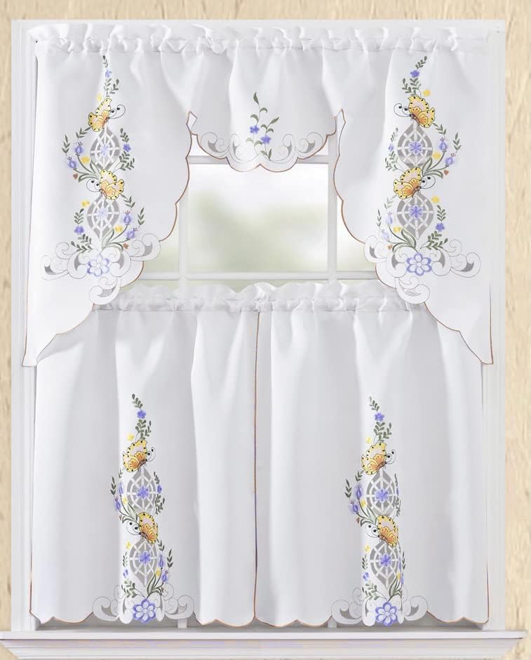 YHSF Kitchen Curtain Sets 3 Piece with Valance - Tier Window Curtain Set with Rod Pocket Design, Curtains Kitchen Window Set for Elegant Decor, Includes 2 Tiers and 1 Valance (Purple Flower Butterfly)