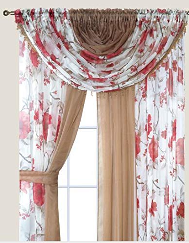 YHSF Sheer Curtains Laura Collection - 4 Panel Set, 84 Inches Long - Elegant Curtains for Bedroom & More - Valances with Beads & 2 tiebacks - 55” x 84" - Easy Install, Multicolor, Floral Rose Taupe