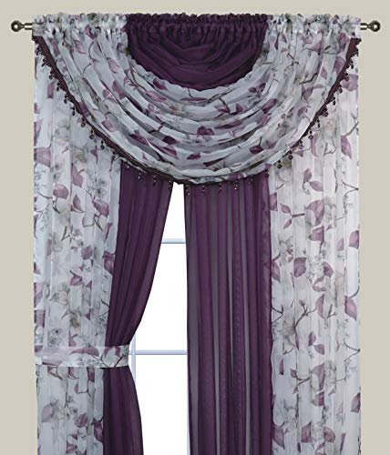 YHSF Sheer Curtains Laura Collection - 4 Panel Set, 84 Inches Long - Elegant Curtains for Bedroom & More - Valances with Beads & 2 tiebacks - 55” x 84" - Easy Install, Multicolor, Floral Rose Taupe