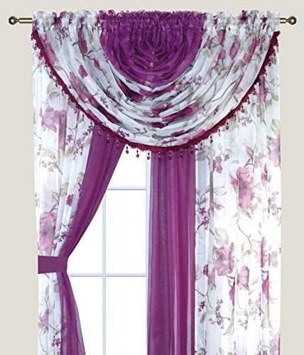 YHSF Sheer Curtains Laura Collection - 4 Panel Set, 84 Inches Long - Elegant Curtains for Bedroom & More - Valances with Beads & 2 tiebacks - 55” x 84" - Easy Install, Multicolor, Floral Rose Taupe