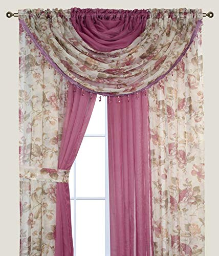 YHSF Sheer Curtains Laura Collection - 4 Panel Set, 84 Inches Long - Elegant Curtains for Bedroom & More - Valances with Beads & 2 tiebacks - 55” x 84" - Easy Install, Multicolor, Floral Rose Taupe