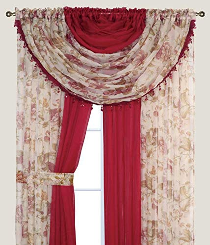 YHSF Sheer Curtains Laura Collection - 4 Panel Set, 84 Inches Long - Elegant Curtains for Bedroom & More - Valances with Beads & 2 tiebacks - 55” x 84" - Easy Install, Multicolor, Floral Rose Taupe