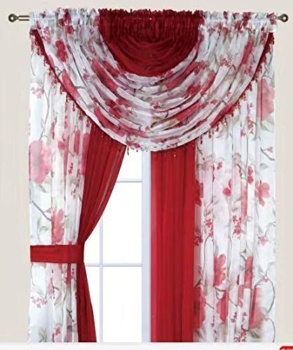 YHSF Sheer Curtains Laura Collection - 4 Panel Set, 84 Inches Long - Elegant Curtains for Bedroom & More - Valances with Beads & 2 tiebacks - 55” x 84" - Easy Install, Multicolor, Floral Rose Taupe