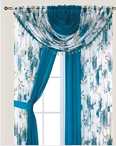 YHSF Sheer Curtains Laura Collection - 4 Panel Set, 84 Inches Long - Elegant Curtains for Bedroom & More - Valances with Beads & 2 tiebacks - 55” x 84" - Easy Install, Multicolor, Floral Rose Taupe