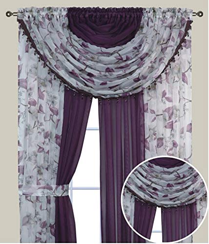 YHSF Sheer Curtains Laura Collection - 4 Panel Set, 84 Inches Long - Elegant Curtains for Bedroom & More - Valances with Beads & 2 tiebacks - 55” x 84" - Easy Install, Multicolor, Floral Rose Taupe