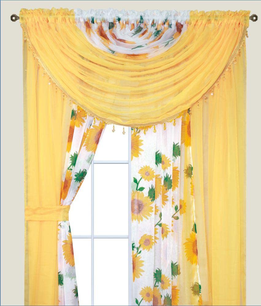 YHSF Sheer Curtains Laura Collection - 4 Panel Set, 84 Inches Long - Elegant Curtains for Bedroom & More - Valances with Beads & 2 tiebacks - 55” x 84" - Easy Install, Multicolor, Floral Rose Taupe