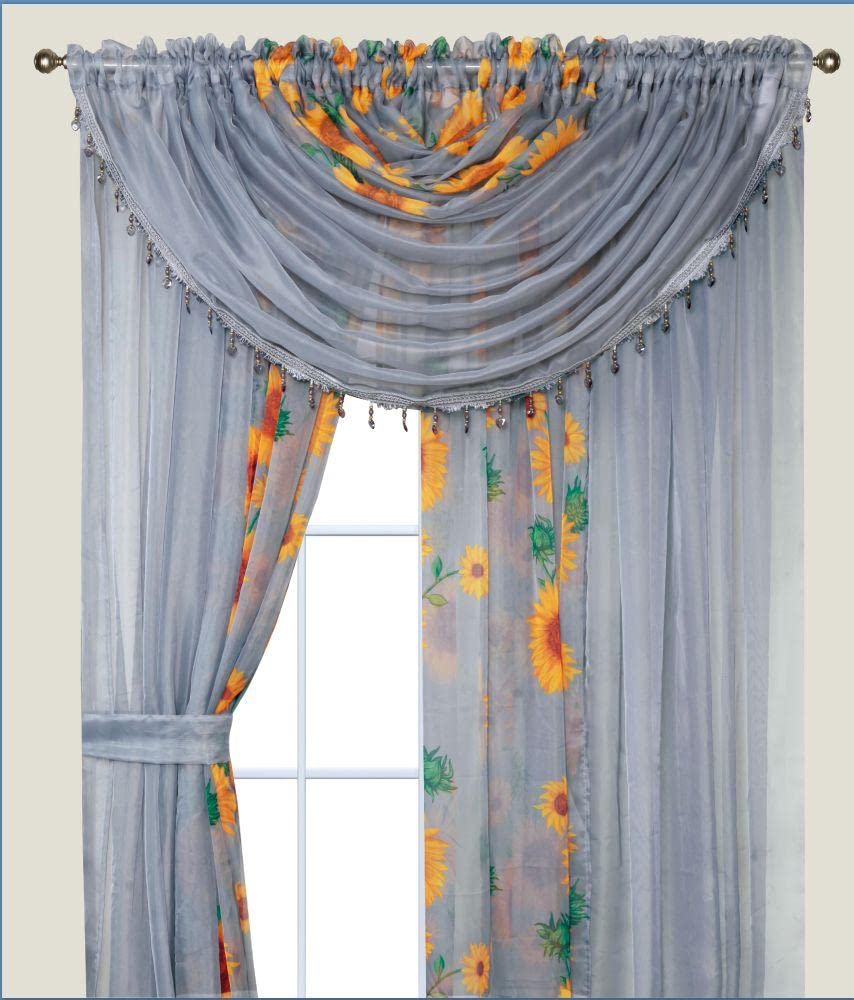 YHSF Sheer Curtains Laura Collection - 4 Panel Set, 84 Inches Long - Elegant Curtains for Bedroom & More - Valances with Beads & 2 tiebacks - 55” x 84" - Easy Install, Multicolor, Floral Rose Taupe