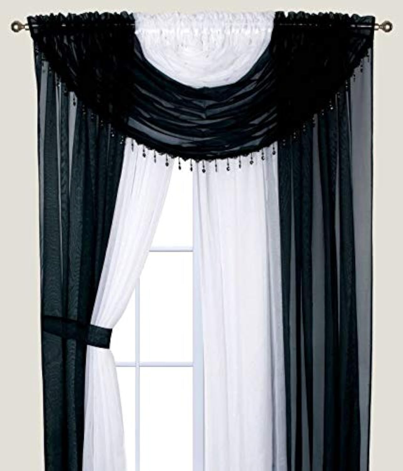 YHSF Sheer Curtains Laura Collection - 4 Panel Set, 84 Inches Long - Elegant Curtains for Bedroom & More - Valances with Beads & 2 tiebacks - 55” x 84" - Easy Install, Multicolor, Floral Rose Taupe