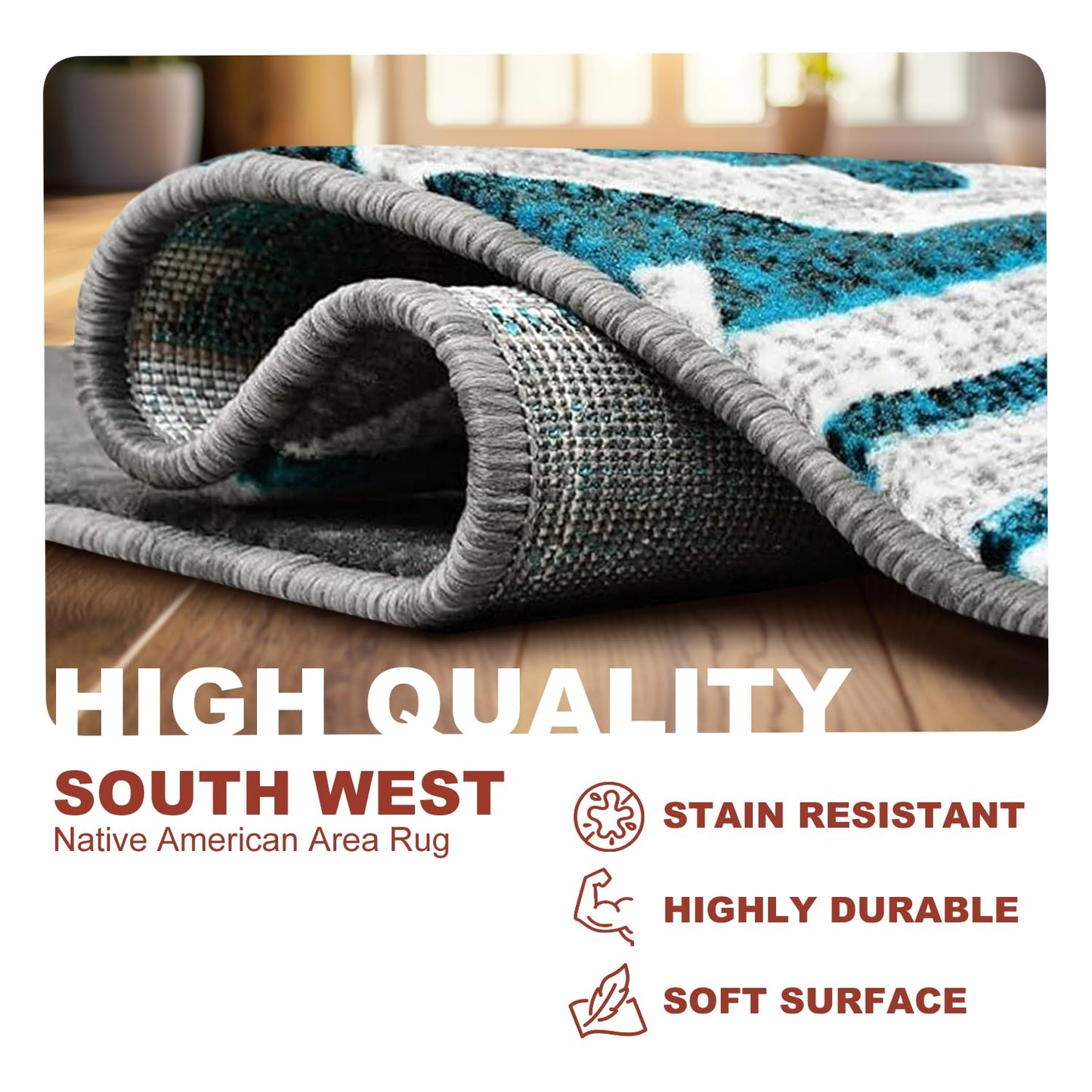 YHSF South West Native American Area Rug - Easy Clean, Thick, Soft, Durable Native Tribal American Indian Inspired Rug for Bedroom/Living Room/Hallways and More - Rust, 5 Feet x 7 Feet