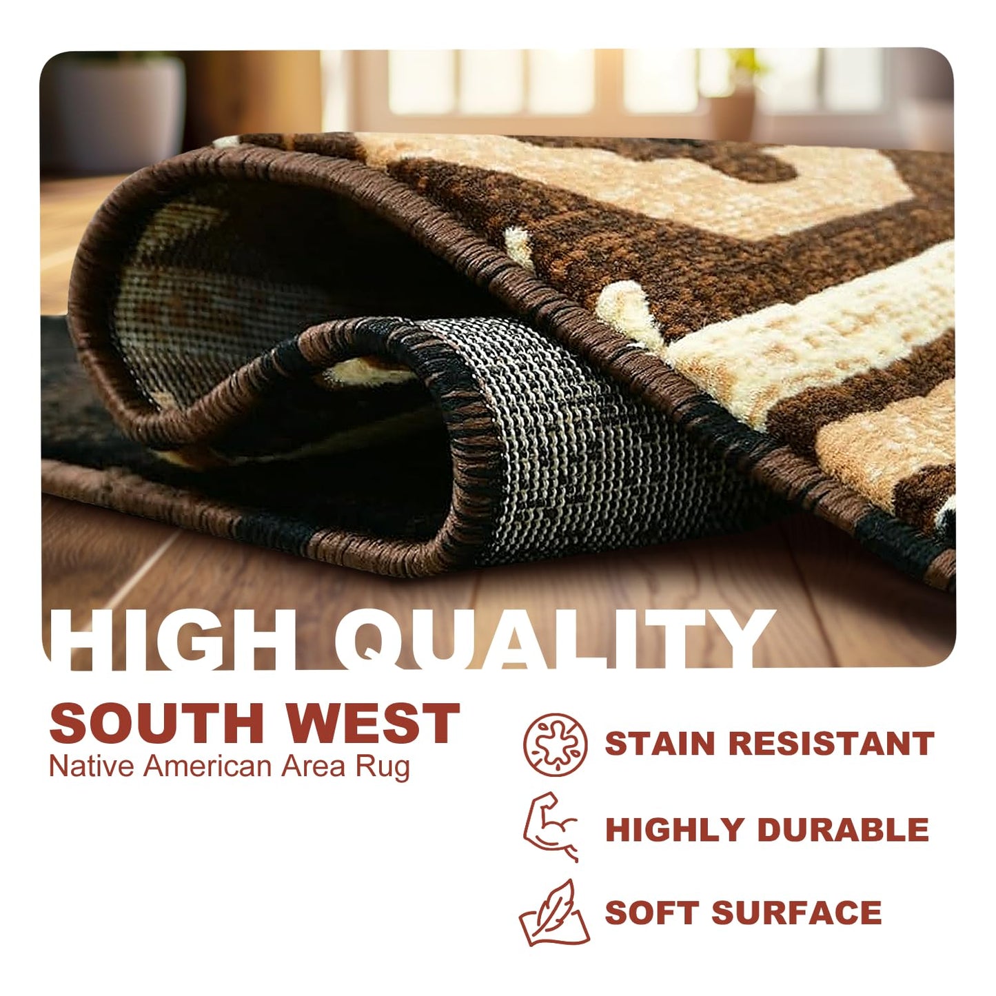 YHSF South West Native American Area Rug - Easy Clean, Thick, Soft, Durable Native Tribal American Indian Inspired Rug for Bedroom/Living Room/Hallways and More - Rust, 5 Feet x 7 Feet