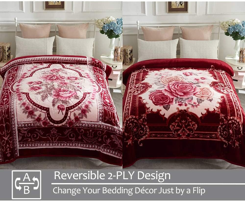 YHSF Korean Mink Blanket - 2 Ply Thick & Soft Reversible Printed Plush Throw - Warm Cozy & Comfy Korean Faux Mink Blanket - Ideal Gift, Easy Care, Fade-Proof, Peony, King Size, 6 LB, 83 in x 91 in