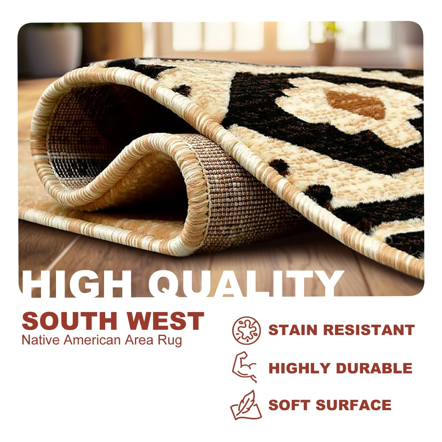 YHSF South West Native American Area Rug - Easy Clean, Thick, Soft, Durable Native Tribal American Indian Inspired Rug for Bedroom/Living Room/Hallways and More - Rust, 5 Feet x 7 Feet