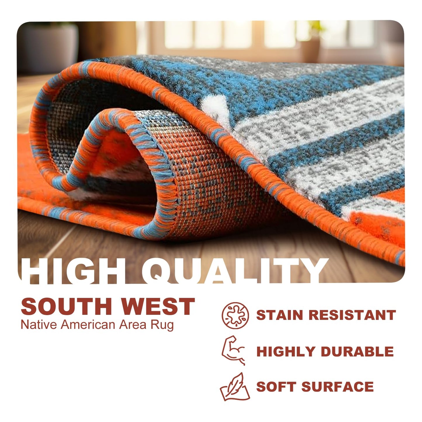 YHSF South West Native American Area Rug - Easy Clean, Thick, Soft, Durable Native Tribal American Indian Inspired Rug for Bedroom/Living Room/Hallways and More - Rust, 5 Feet x 7 Feet