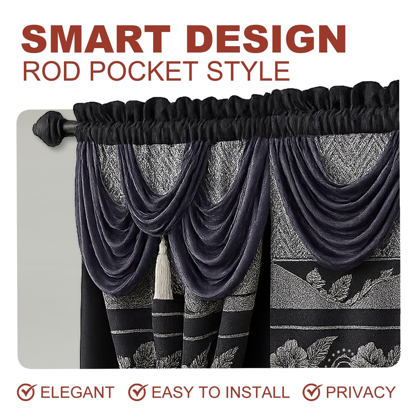 YHSF Jacquard Window Curtains for Living Room and Bedrooms - 54" W x 84" L 2-Panel Set Fancy Curtains with Valance Attached & 2 Tassle Tie Backs - Fancy Living Room Curtain with Valance - Turquoise