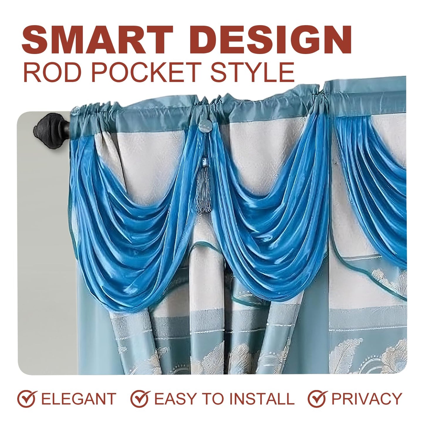 YHSF Jacquard Window Curtains for Living Room and Bedrooms - 54" W x 84" L 2-Panel Set Fancy Curtains with Valance Attached & 2 Tassle Tie Backs - Fancy Living Room Curtain with Valance - Turquoise