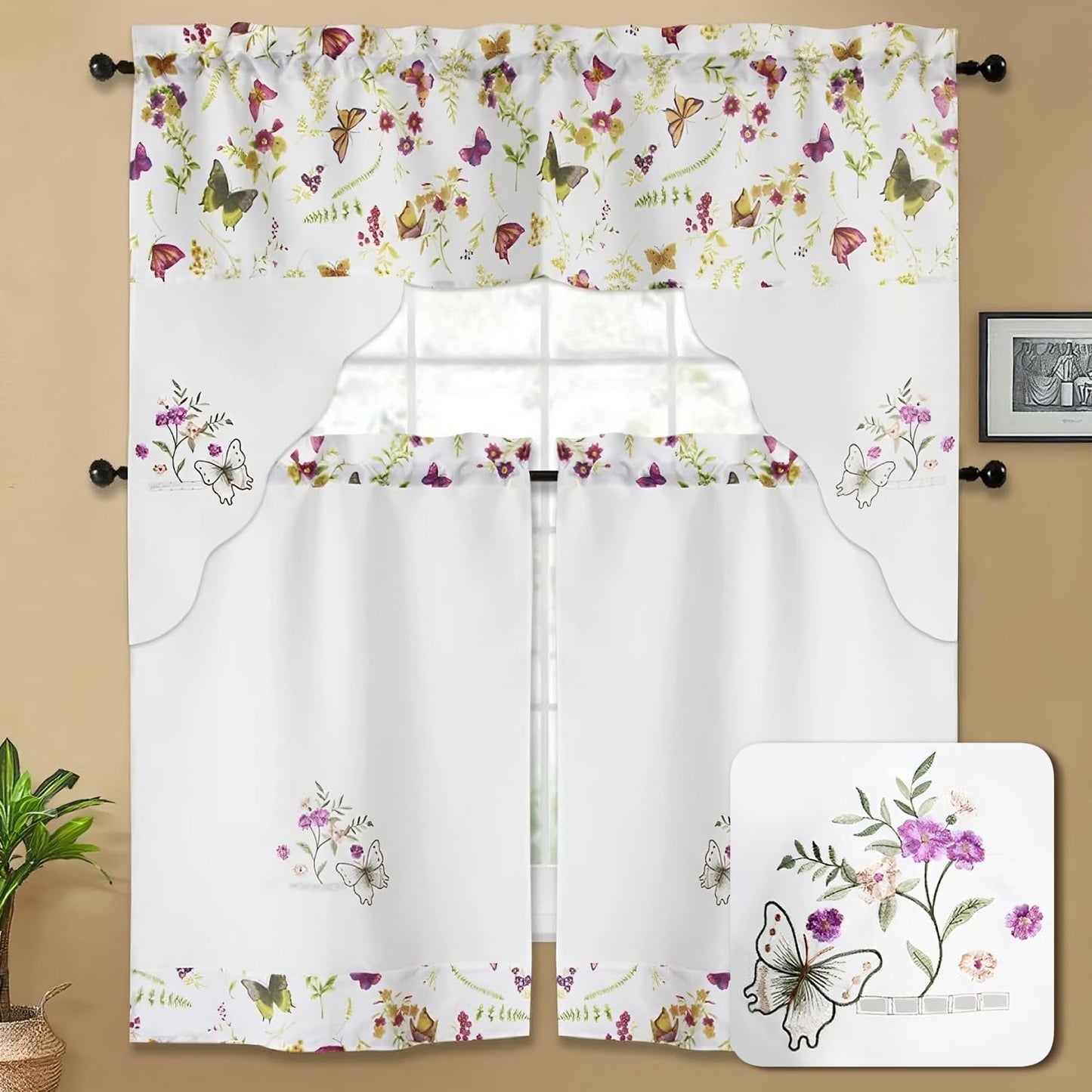 YHSF Kitchen Curtain Sets 3 Piece with Valance - Tier Window Curtain Set with Rod Pocket Design, Curtains Kitchen Window Set for Elegant Decor, Includes 2 Tiers and 1 Valance (Purple Flower Butterfly)