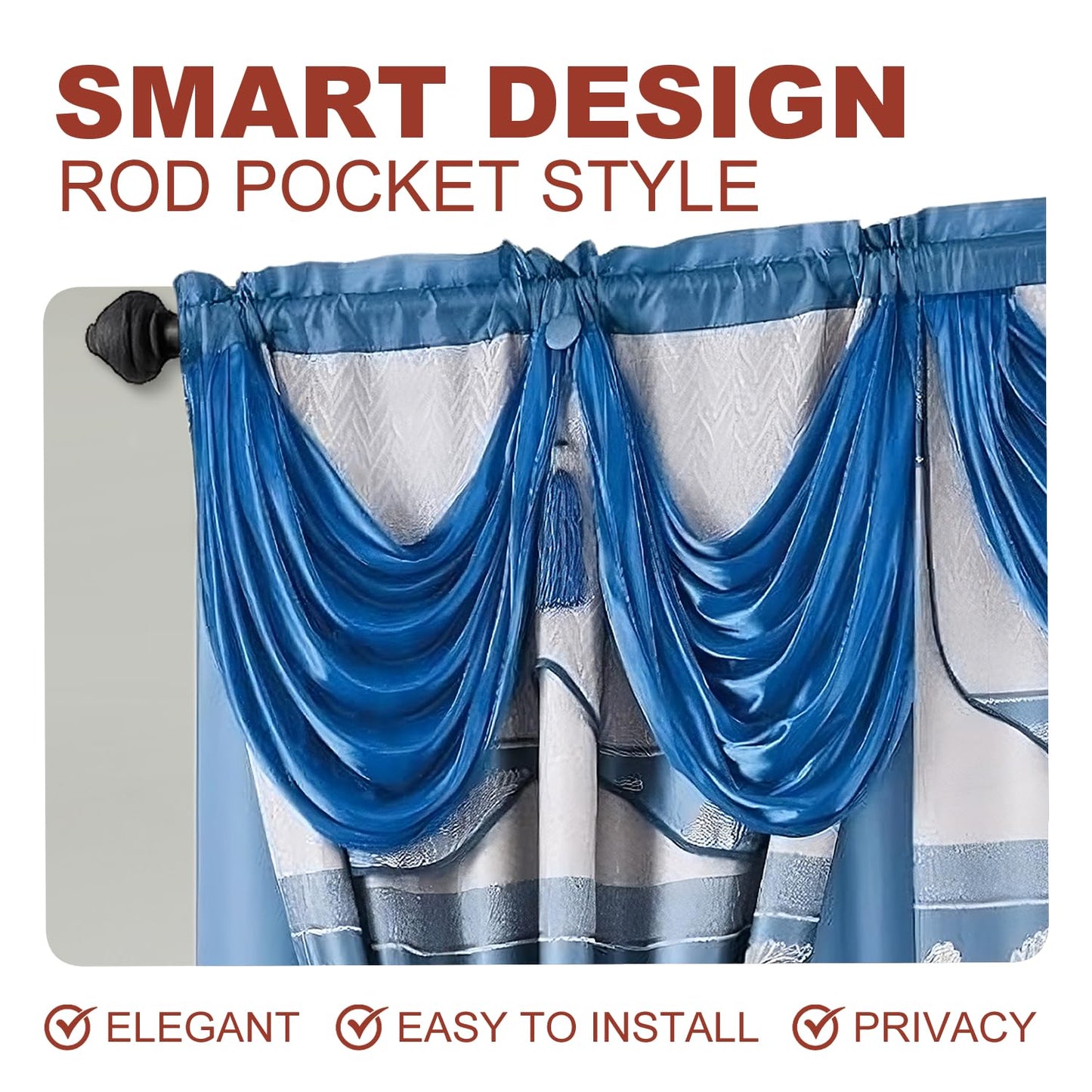 YHSF Jacquard Window Curtains for Living Room and Bedrooms - 54" W x 84" L 2-Panel Set Fancy Curtains with Valance Attached & 2 Tassle Tie Backs - Fancy Living Room Curtain with Valance - Turquoise