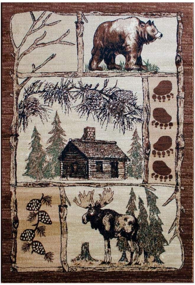 YHSF Cabin Style Area Rug Bear Elk Deer Moose Country Nature Wilderness Lodge Design