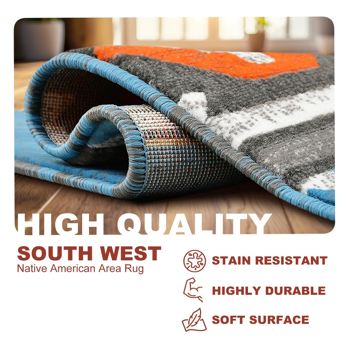 YHSF South West Native American Area Rug - Easy Clean, Thick, Soft, Durable Native Tribal American Indian Inspired Rug for Bedroom/Living Room/Hallways and More - Rust, 5 Feet x 7 Feet