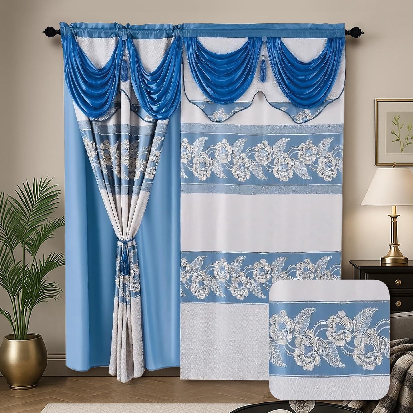 YHSF Jacquard Window Curtains for Living Room and Bedrooms - 54" W x 84" L 2-Panel Set Fancy Curtains with Valance Attached & 2 Tassle Tie Backs - Fancy Living Room Curtain with Valance - Turquoise