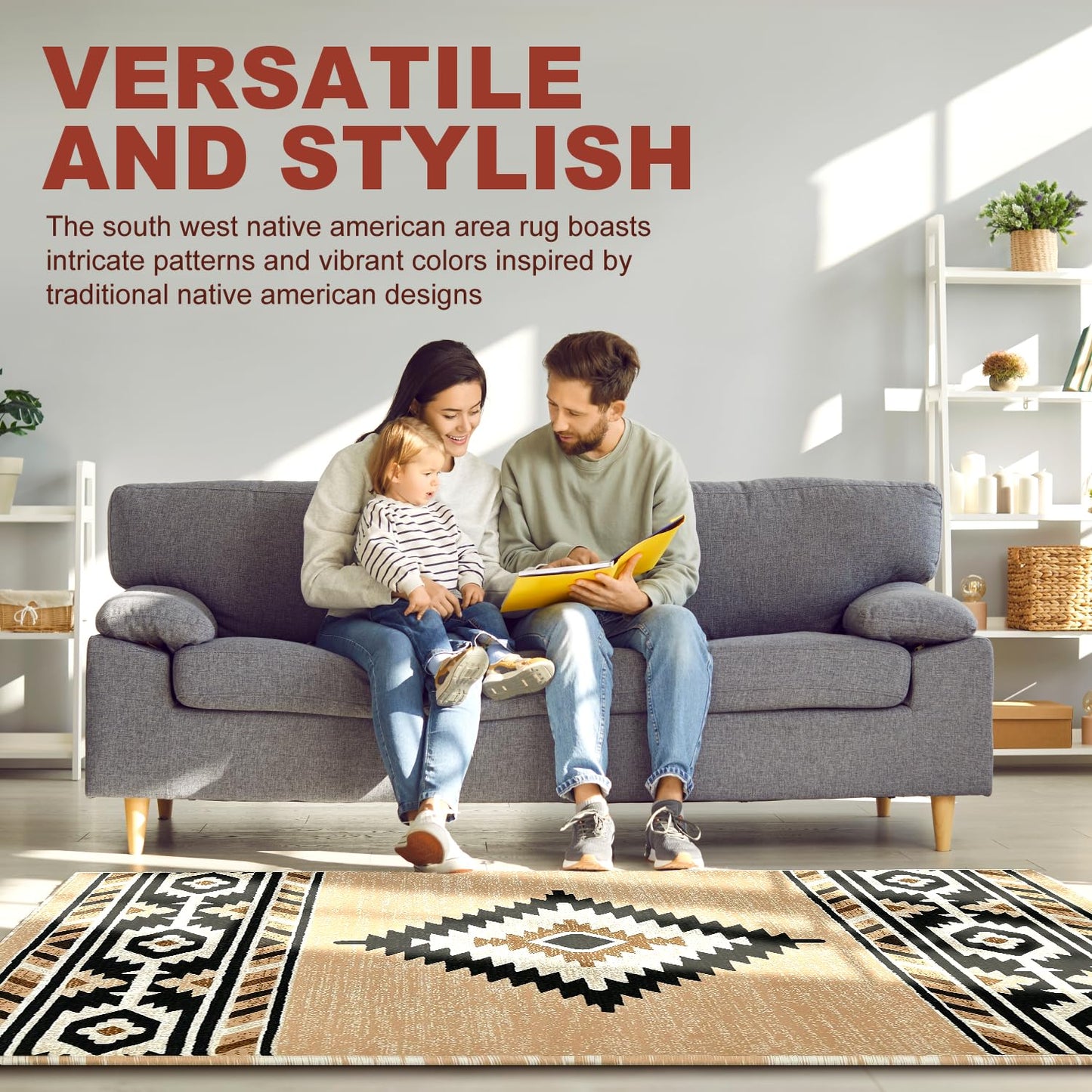 YHSF South West Native American Area Rug - Easy Clean, Thick, Soft, Durable Native Tribal American Indian Inspired Rug for Bedroom/Living Room/Hallways and More - Rust, 5 Feet x 7 Feet