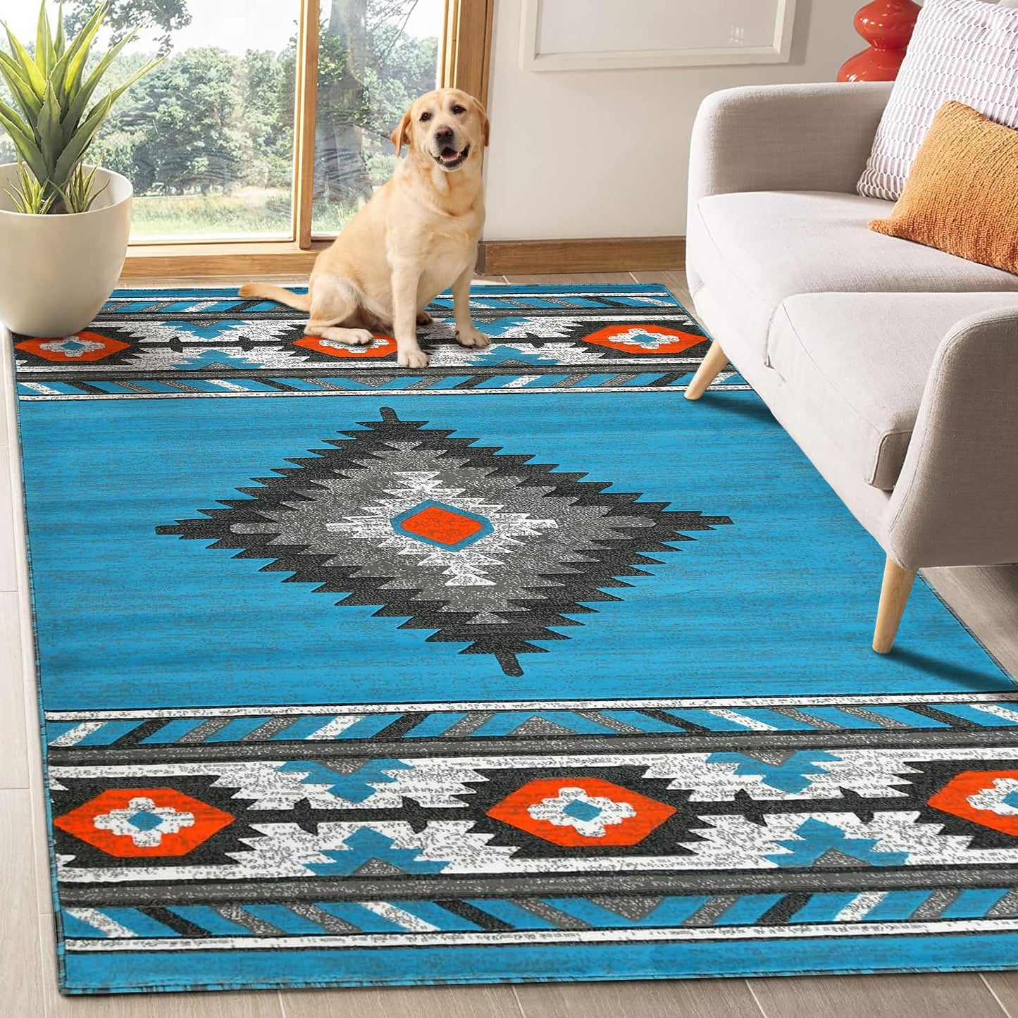YHSF South West Native American Area Rug - Easy Clean, Thick, Soft, Durable Native Tribal American Indian Inspired Rug for Bedroom/Living Room/Hallways and More - Rust, 5 Feet x 7 Feet