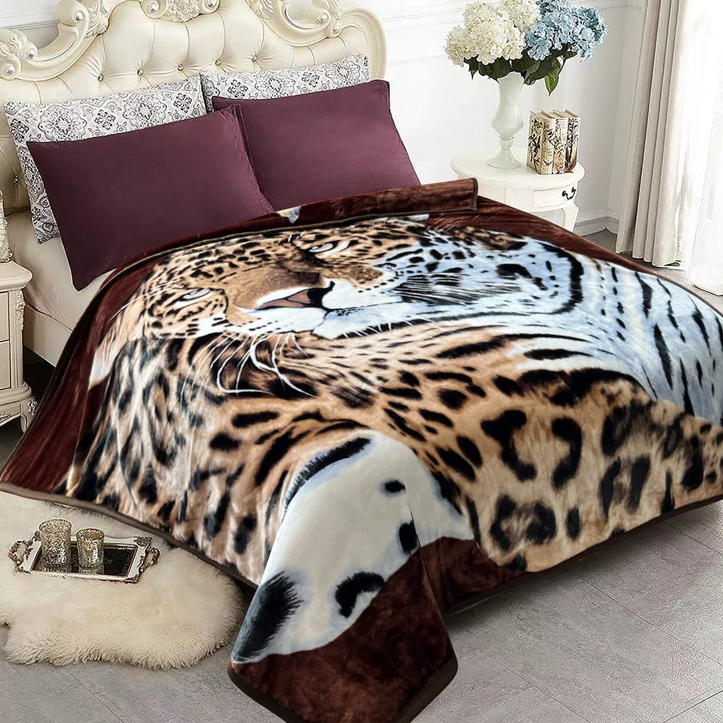 YHSF Korean Mink Blanket - 2 Ply Thick & Soft Reversible Printed Plush Throw - Warm Cozy & Comfy Korean Faux Mink Blanket - Ideal Gift, Easy Care, Fade-Proof, Peony, King Size, 6 LB, 83 in x 91 in