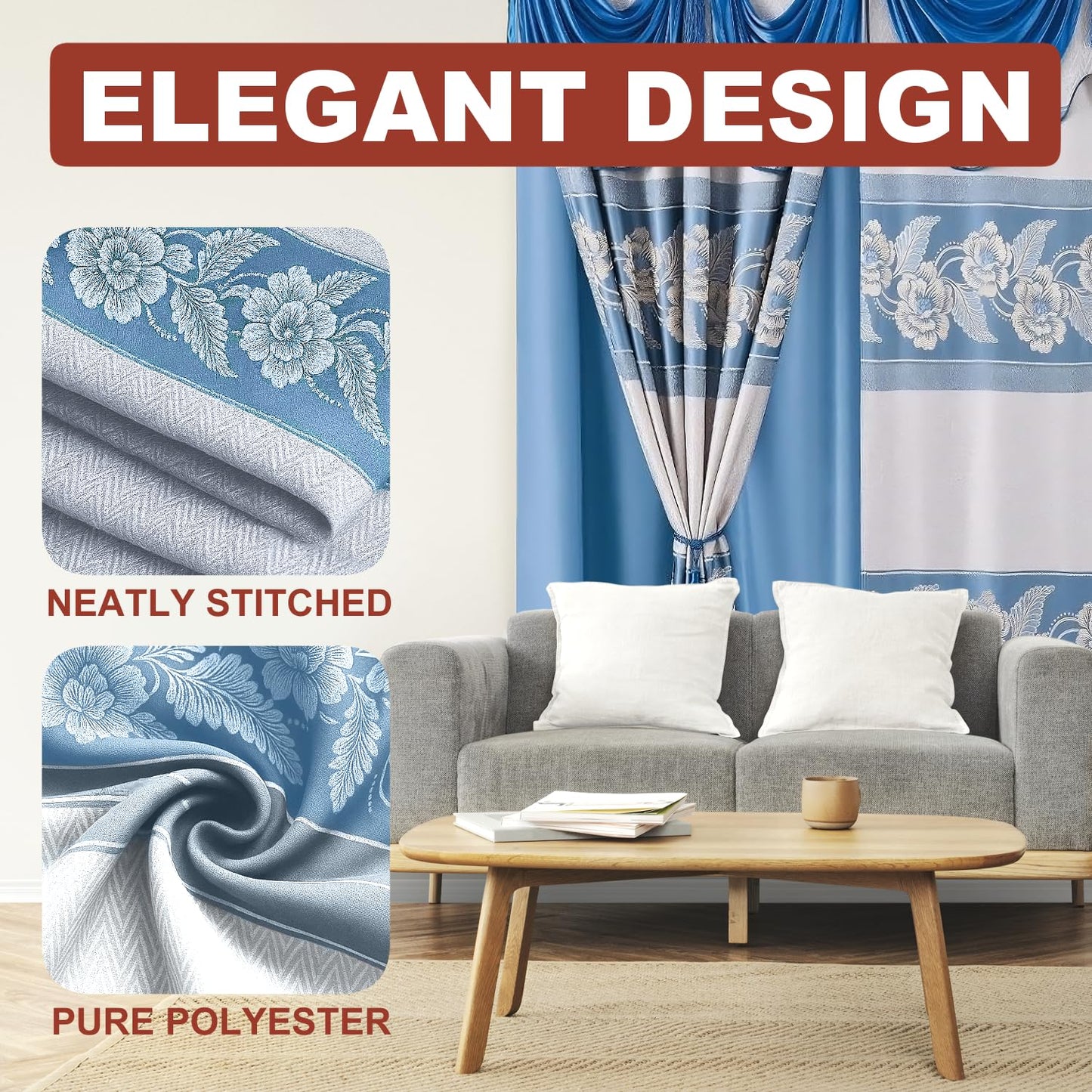 YHSF Jacquard Window Curtains for Living Room and Bedrooms - 54" W x 84" L 2-Panel Set Fancy Curtains with Valance Attached & 2 Tassle Tie Backs - Fancy Living Room Curtain with Valance - Turquoise