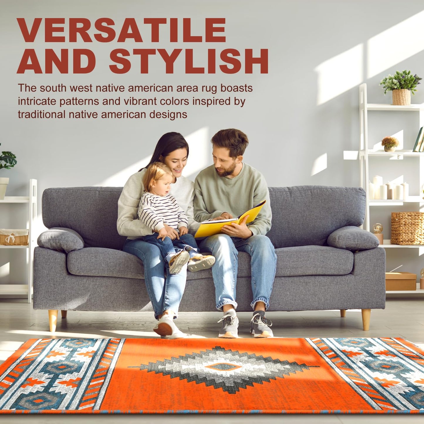 YHSF South West Native American Area Rug - Easy Clean, Thick, Soft, Durable Native Tribal American Indian Inspired Rug for Bedroom/Living Room/Hallways and More - Rust, 5 Feet x 7 Feet