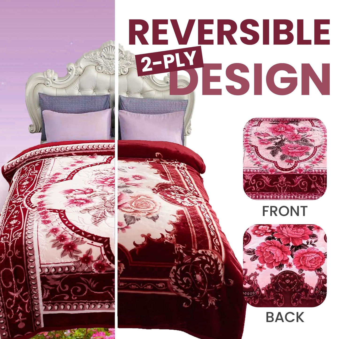 YHSF Korean Mink Blanket - 2 Ply Thick & Soft Reversible Printed Plush Throw - Warm Cozy & Comfy Korean Faux Mink Blanket - Ideal Gift, Easy Care, Fade-Proof, Peony, King Size, 6 LB, 83 in x 91 in