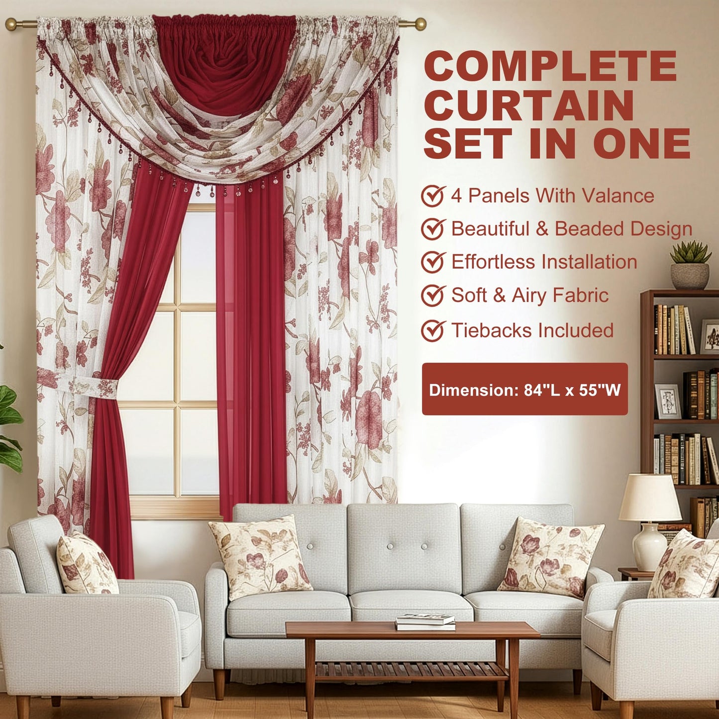 YHSF Sheer Curtains Laura Collection - 4 Panel Set, 84 Inches Long - Elegant Curtains for Bedroom & More - Valances with Beads & 2 tiebacks - 55” x 84" - Easy Install, Multicolor, Floral Rose Taupe
