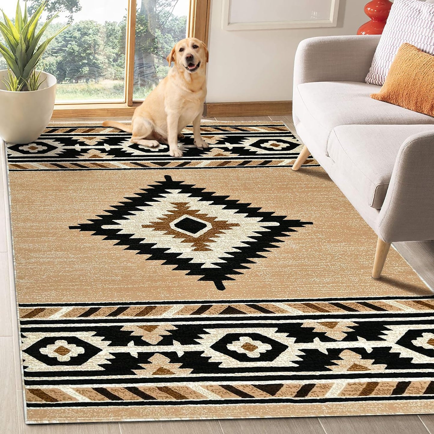 YHSF South West Native American Area Rug - Easy Clean, Thick, Soft, Durable Native Tribal American Indian Inspired Rug for Bedroom/Living Room/Hallways and More - Rust, 5 Feet x 7 Feet