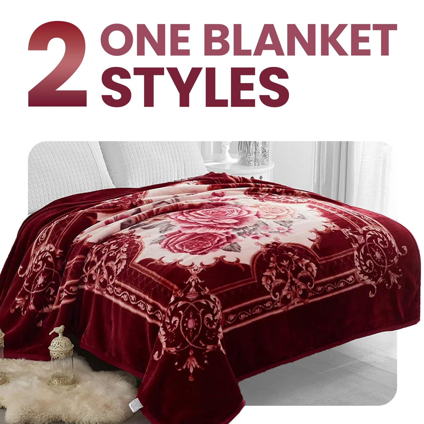 YHSF Korean Mink Blanket - 2 Ply Thick & Soft Reversible Printed Plush Throw - Warm Cozy & Comfy Korean Faux Mink Blanket - Ideal Gift, Easy Care, Fade-Proof, Peony, King Size, 6 LB, 83 in x 91 in