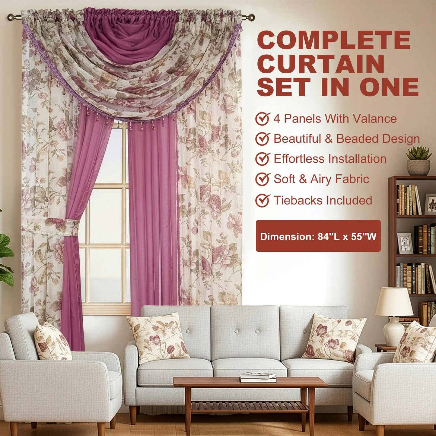 YHSF Sheer Curtains Laura Collection - 4 Panel Set, 84 Inches Long - Elegant Curtains for Bedroom & More - Valances with Beads & 2 tiebacks - 55” x 84" - Easy Install, Multicolor, Floral Rose Taupe