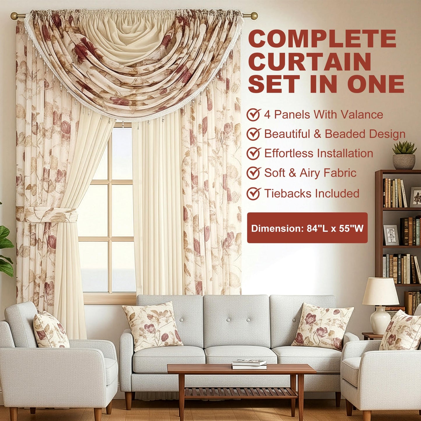 YHSF Sheer Curtains Laura Collection - 4 Panel Set, 84 Inches Long - Elegant Curtains for Bedroom & More - Valances with Beads & 2 tiebacks - 55” x 84" - Easy Install, Multicolor, Floral Rose Taupe