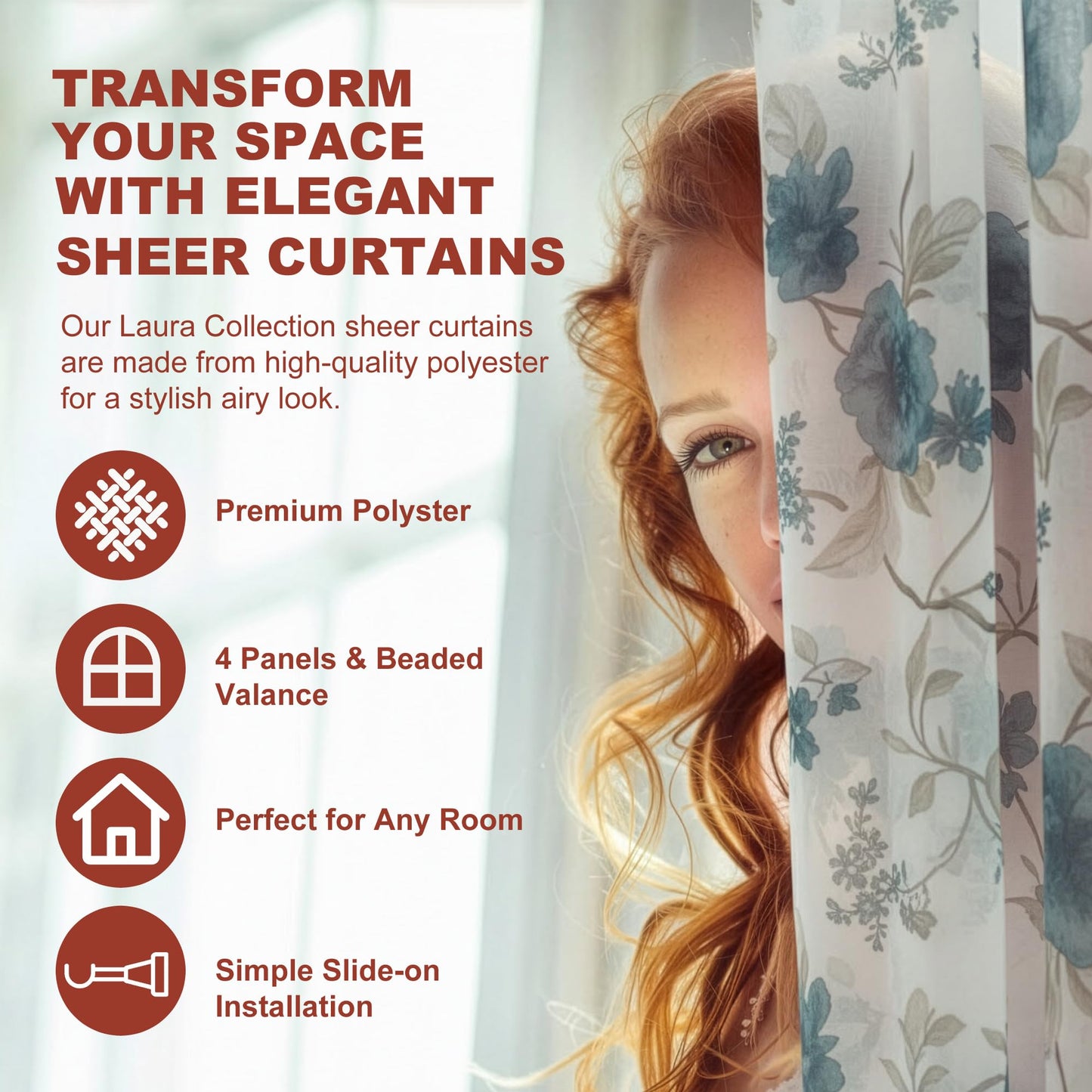 YHSF Sheer Curtains Laura Collection - 4 Panel Set, 84 Inches Long - Elegant Curtains for Bedroom & More - Valances with Beads & 2 tiebacks - 55” x 84" - Easy Install, Multicolor, Floral Rose Taupe