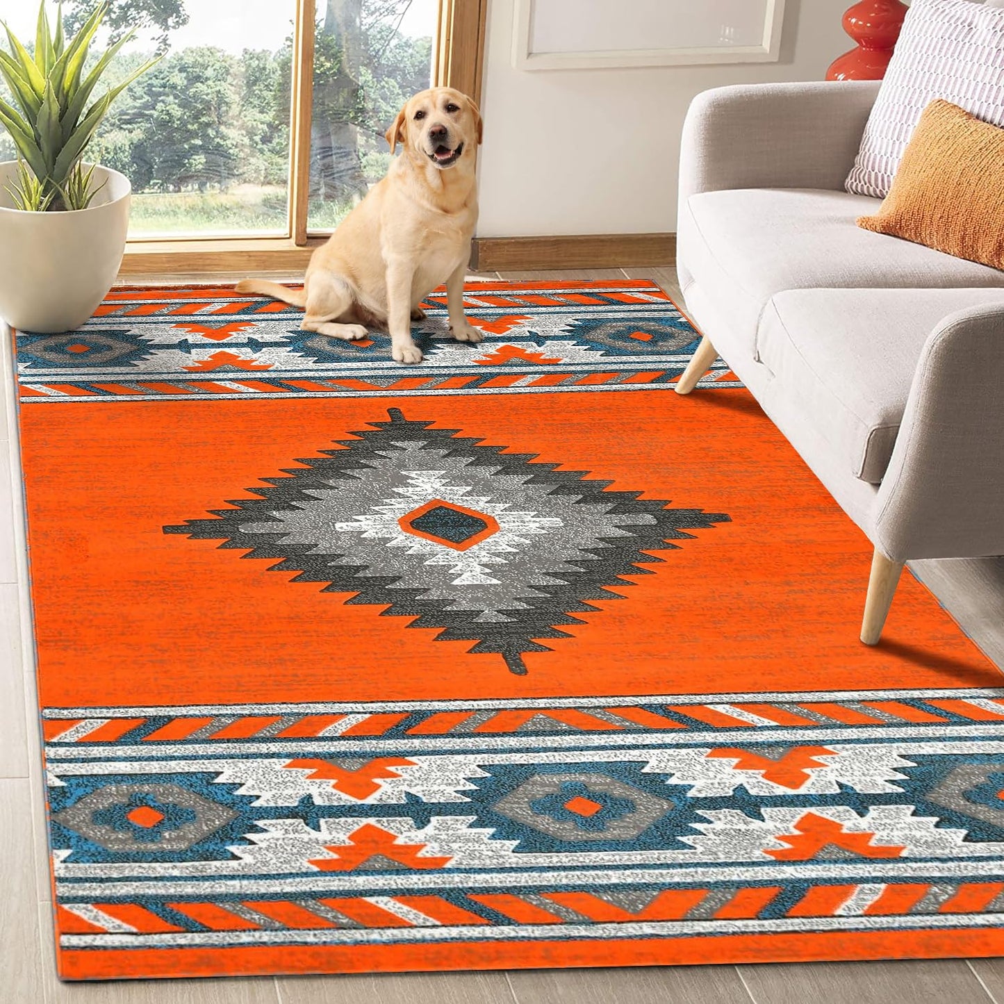 YHSF South West Native American Area Rug - Easy Clean, Thick, Soft, Durable Native Tribal American Indian Inspired Rug for Bedroom/Living Room/Hallways and More - Rust, 5 Feet x 7 Feet