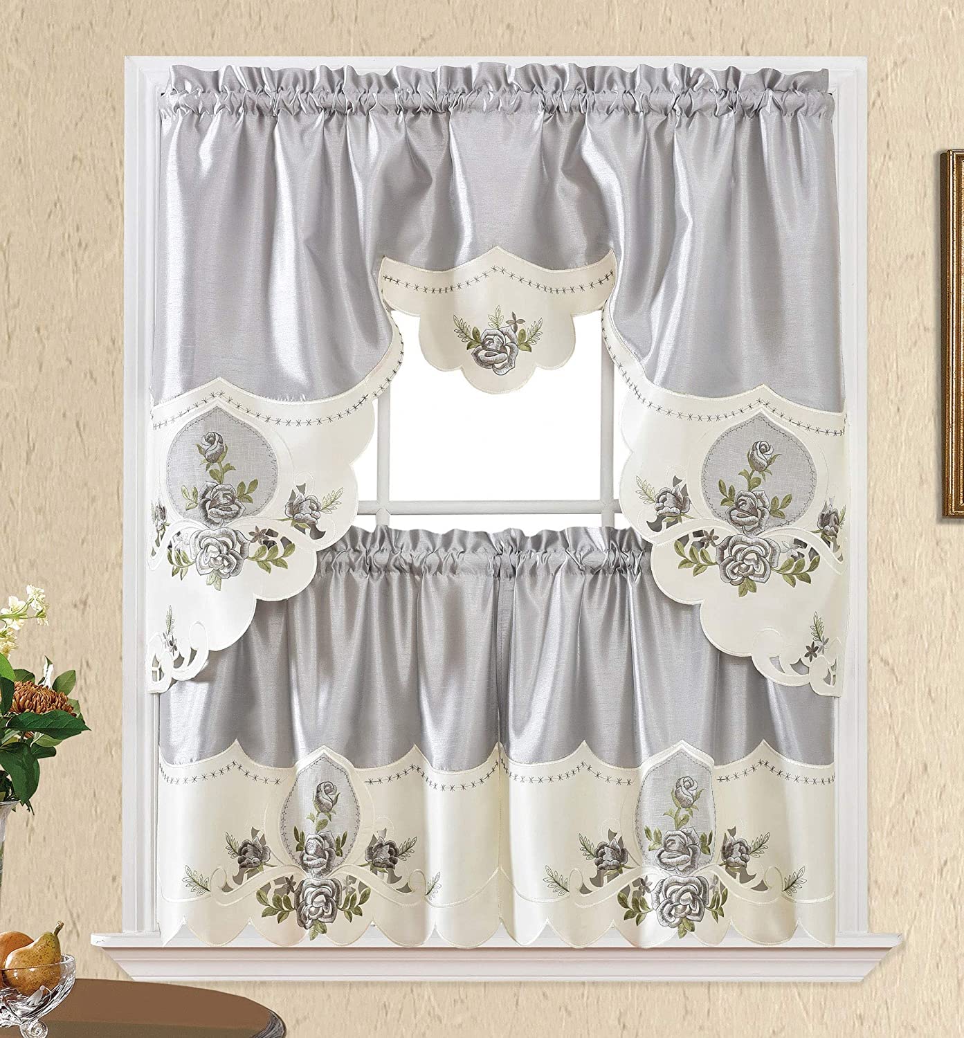 YHSF Kitchen Curtain Sets 3 Piece with Valance - Tier Window Curtain Set with Rod Pocket Design, Curtains Kitchen Window Set for Elegant Decor, Includes 2 Tiers and 1 Valance (Purple Flower Butterfly)