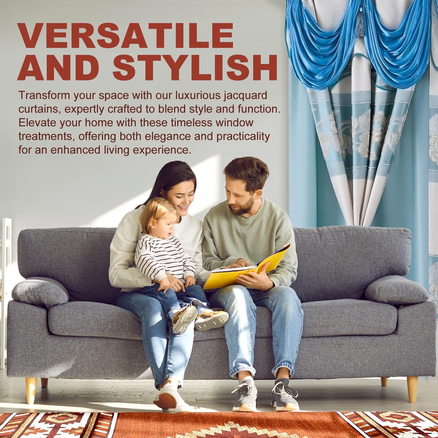 YHSF Jacquard Window Curtains for Living Room and Bedrooms - 54" W x 84" L 2-Panel Set Fancy Curtains with Valance Attached & 2 Tassle Tie Backs - Fancy Living Room Curtain with Valance - Turquoise