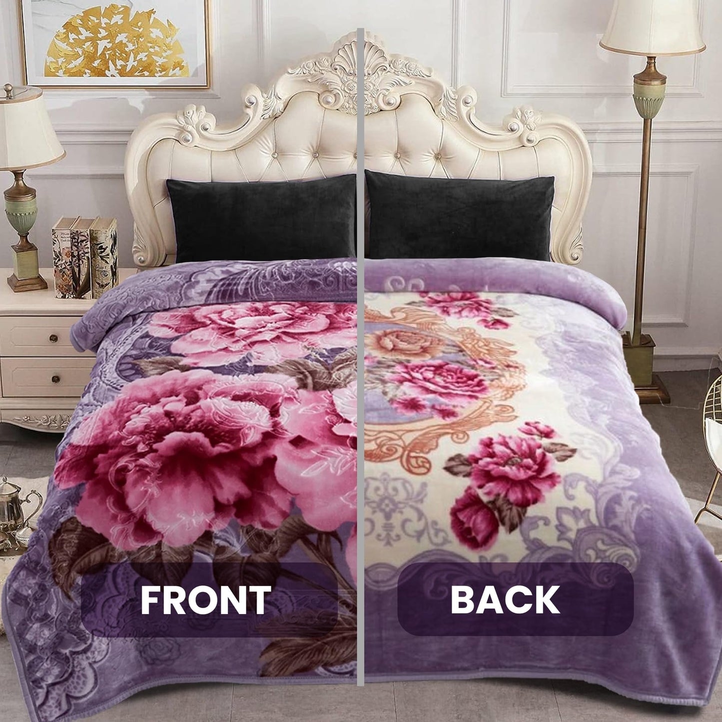 YHSF Korean Mink Blanket - 2 Ply Thick & Soft Reversible Printed Plush Throw - Warm Cozy & Comfy Korean Faux Mink Blanket - Ideal Gift, Easy Care, Fade-Proof, Peony, King Size, 6 LB, 83 in x 91 in