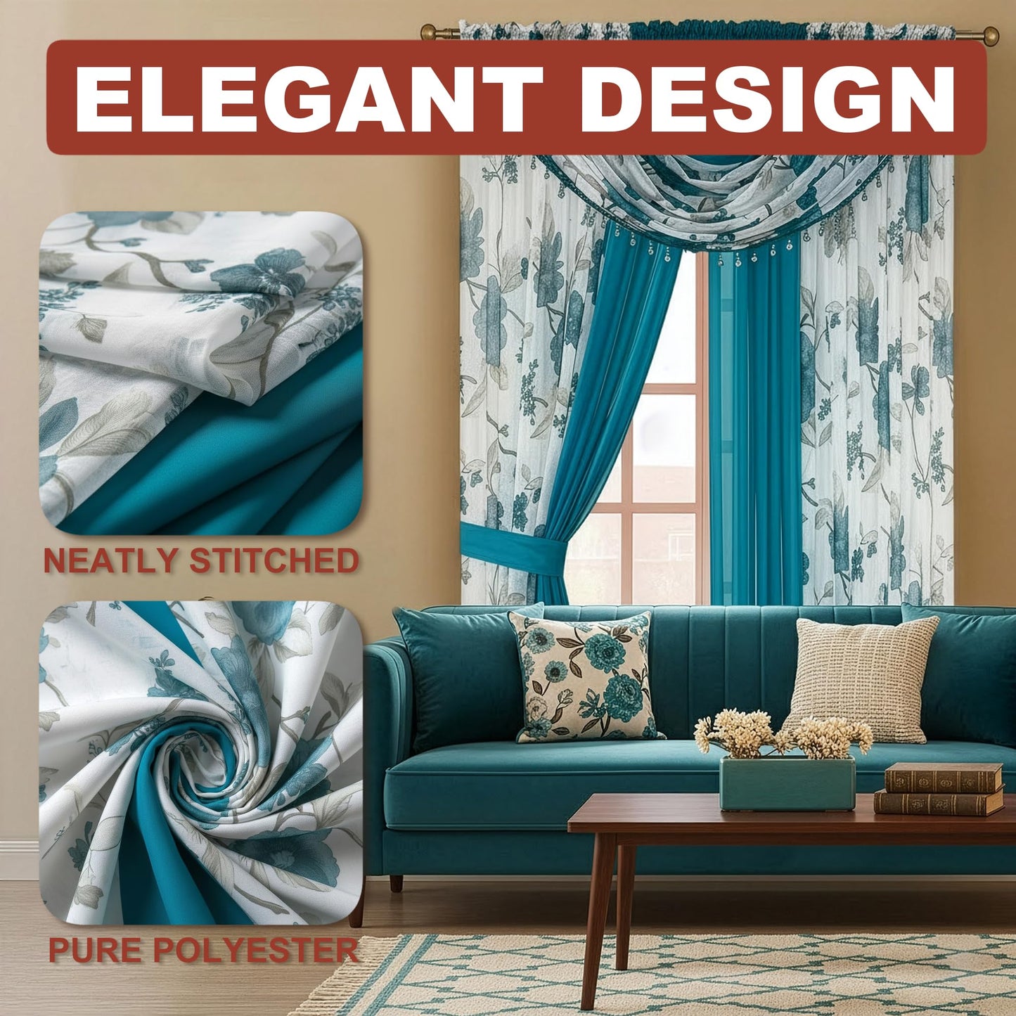 YHSF Sheer Curtains Laura Collection - 4 Panel Set, 84 Inches Long - Elegant Curtains for Bedroom & More - Valances with Beads & 2 tiebacks - 55” x 84" - Easy Install, Multicolor, Floral Rose Taupe