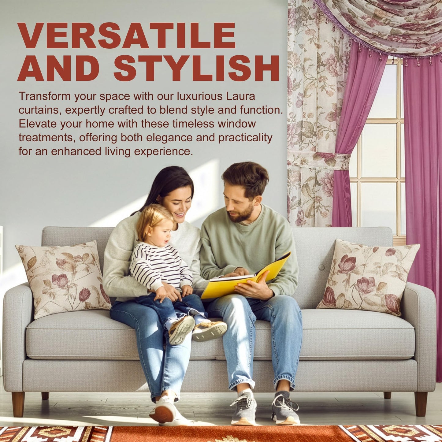 YHSF Sheer Curtains Laura Collection - 4 Panel Set, 84 Inches Long - Elegant Curtains for Bedroom & More - Valances with Beads & 2 tiebacks - 55” x 84" - Easy Install, Multicolor, Floral Rose Taupe