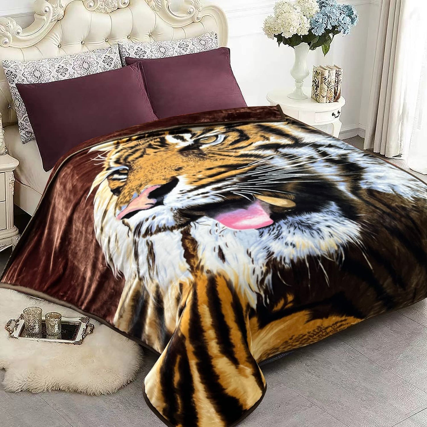 YHSF Korean Mink Blanket - 2 Ply Thick & Soft Reversible Printed Plush Throw - Warm Cozy & Comfy Korean Faux Mink Blanket - Ideal Gift, Easy Care, Fade-Proof, Peony, King Size, 6 LB, 83 in x 91 in