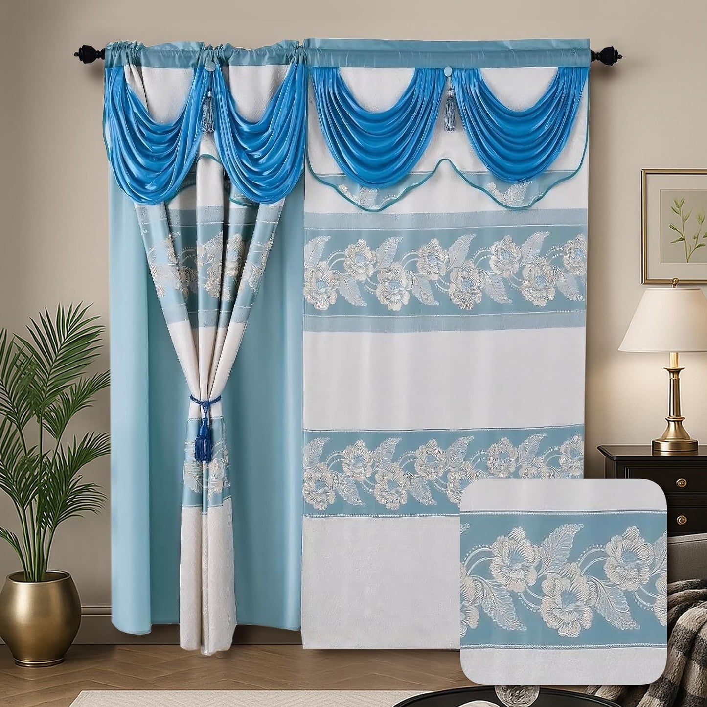 YHSF Jacquard Window Curtains for Living Room and Bedrooms - 54" W x 84" L 2-Panel Set Fancy Curtains with Valance Attached & 2 Tassle Tie Backs - Fancy Living Room Curtain with Valance - Turquoise