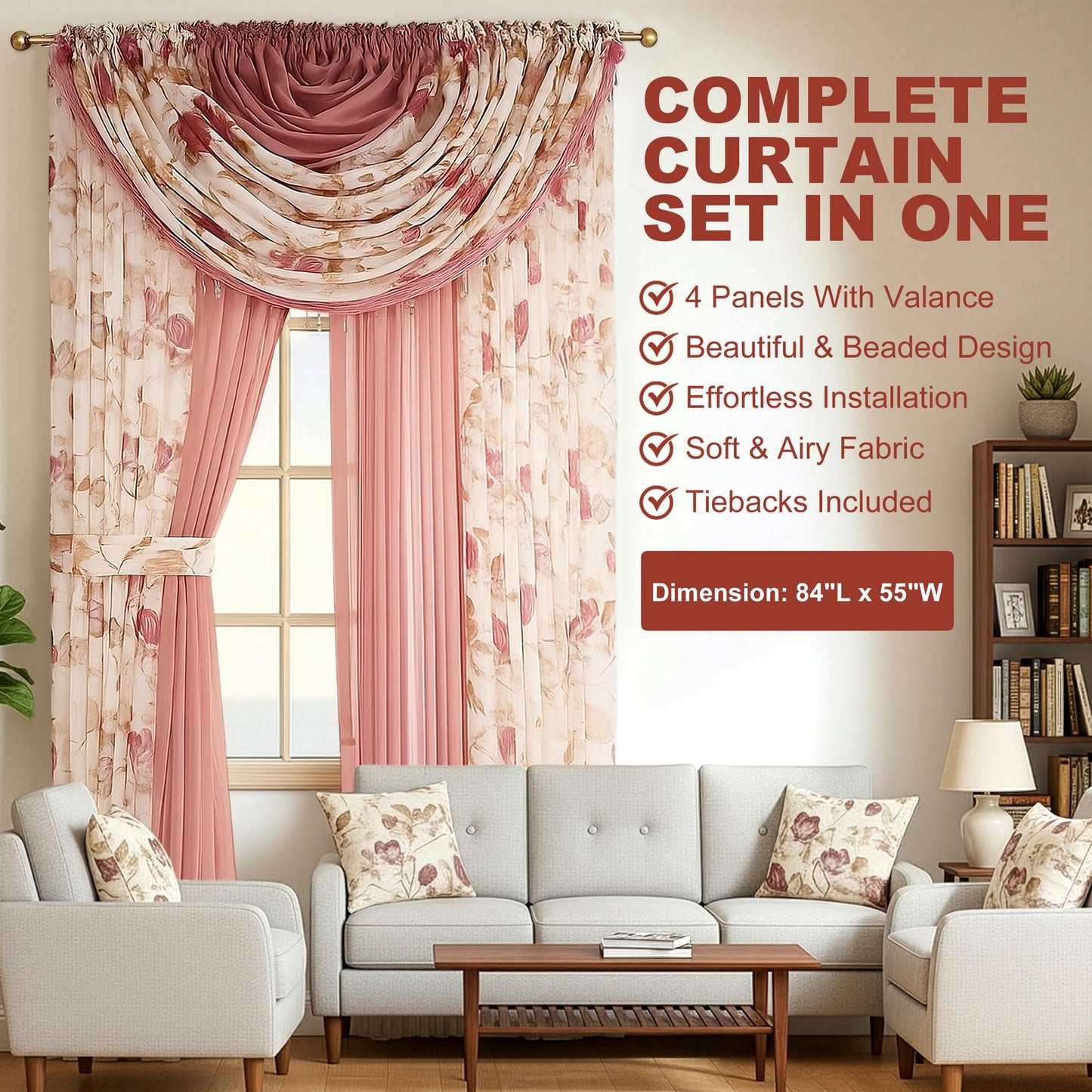 YHSF Sheer Curtains Laura Collection - 4 Panel Set, 84 Inches Long - Elegant Curtains for Bedroom & More - Valances with Beads & 2 tiebacks - 55” x 84" - Easy Install, Multicolor, Floral Rose Taupe