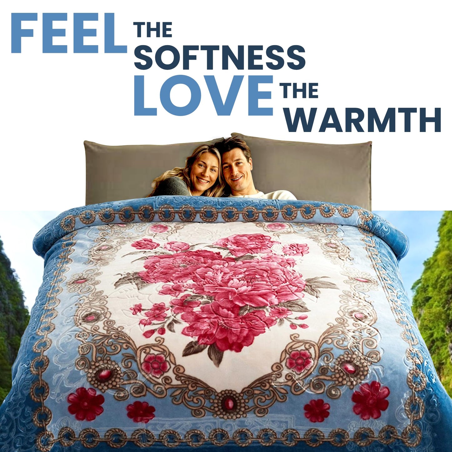 YHSF Korean Mink Blanket - 2 Ply Thick & Soft Reversible Printed Plush Throw - Warm Cozy & Comfy Korean Faux Mink Blanket - Ideal Gift, Easy Care, Fade-Proof, Peony, King Size, 6 LB, 83 in x 91 in