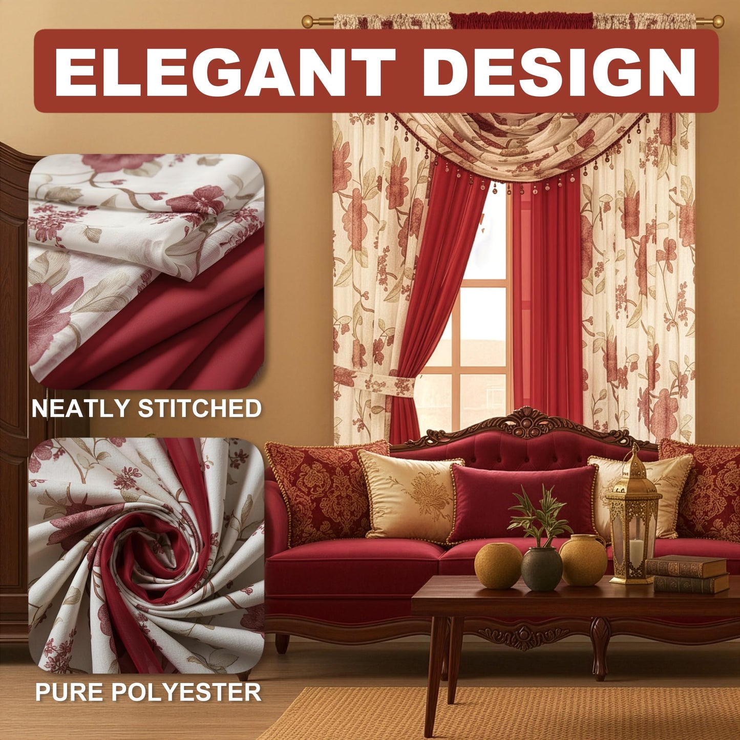 YHSF Sheer Curtains Laura Collection - 4 Panel Set, 84 Inches Long - Elegant Curtains for Bedroom & More - Valances with Beads & 2 tiebacks - 55” x 84" - Easy Install, Multicolor, Floral Rose Taupe