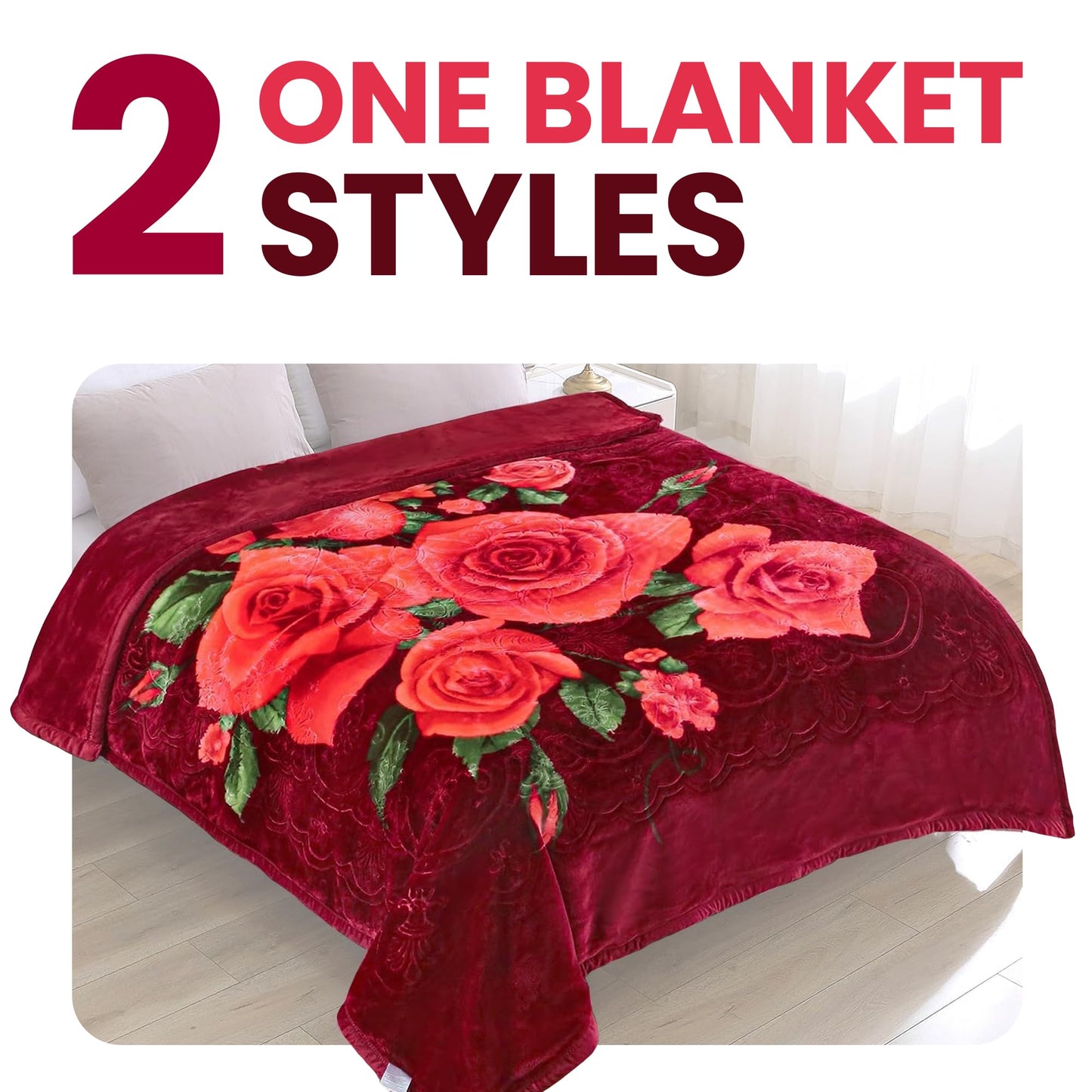 YHSF Korean Mink Blanket - 2 Ply Thick & Soft Reversible Printed Plush Throw - Warm Cozy & Comfy Korean Faux Mink Blanket - Ideal Gift, Easy Care, Fade-Proof, Peony, King Size, 6 LB, 83 in x 91 in