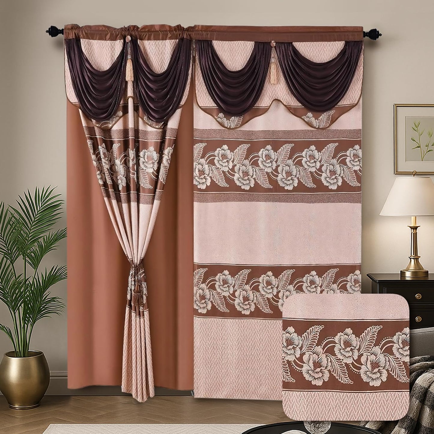 YHSF Jacquard Window Curtains for Living Room and Bedrooms - 54" W x 84" L 2-Panel Set Fancy Curtains with Valance Attached & 2 Tassle Tie Backs - Fancy Living Room Curtain with Valance - Turquoise