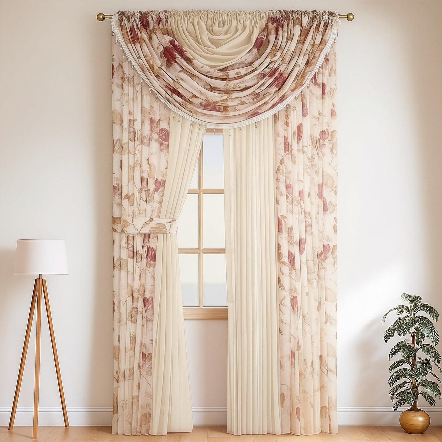 YHSF Sheer Curtains Laura Collection - 4 Panel Set, 84 Inches Long - Elegant Curtains for Bedroom & More - Valances with Beads & 2 tiebacks - 55” x 84" - Easy Install, Multicolor, Floral Rose Taupe